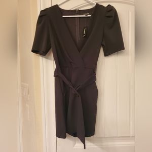Express Black Belted Wrap Front  Puff Sleeve Romper